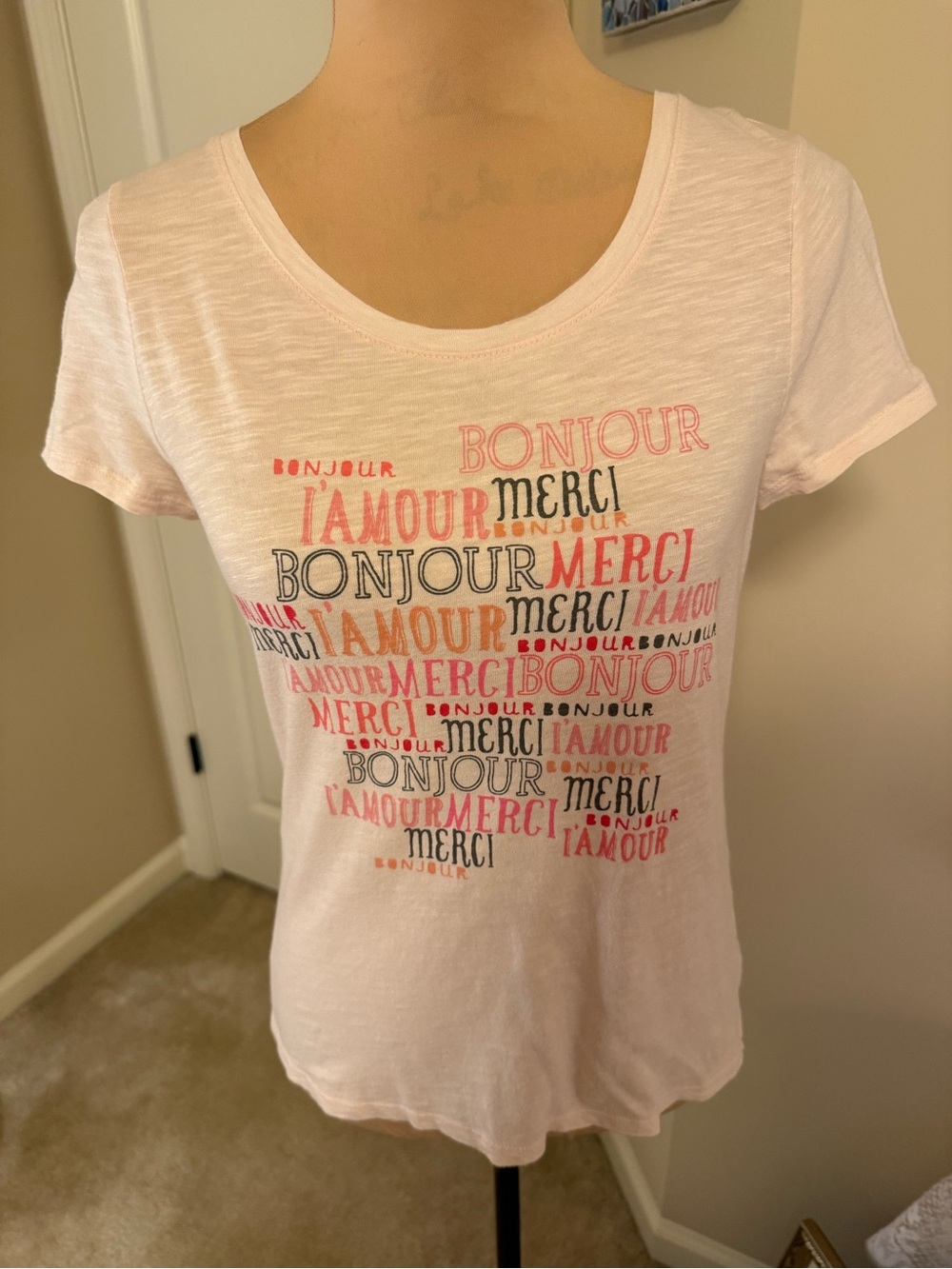 Elle Pale Yellow Scoop Neck Tee with Pink & Black Bonjour Merci Print